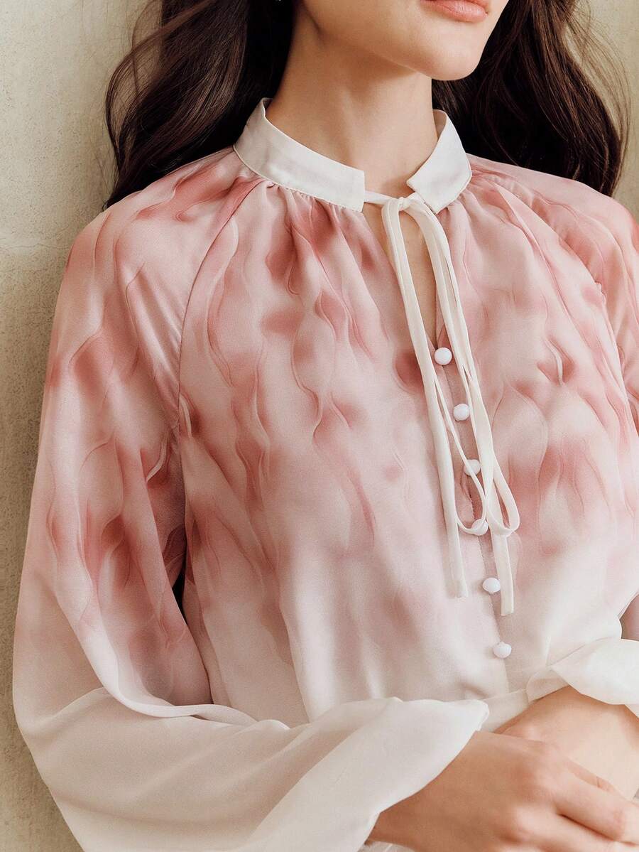 Anewsta 优雅粉色渐变印花褶裥喇叭裙和立领花瓣袖渐变印花两件套女装 - 粉色 - 查看 1