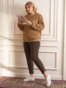 EMERY ROSE 大码女式高腰纯色保暖内衬纽扣装饰开衩裤脚修身休闲/工作裤，秋冬款 - 棕色 - 查看 3