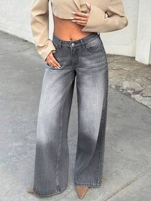 EURMUSE Farbverlauf-Schrägtaschen Lässig Weite Bein Jeans mit Niedriger Taille - Mittele Waschung - Übersicht 3