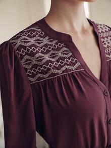 Anewsta Women's Elegant Pure Tencel Embroidered Floral Loose Blouse, Fashion & Modern, Spring/Summer - Red Violet - View 2