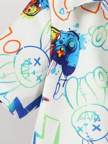 SHEIN 2pcs Set:White Printed Shirt And Distressed Denim Shorts For 4-7 Years Old Boys,Graffiti Design With Summer Stylish Wash Technique,Holiday Outfits - White - View 7