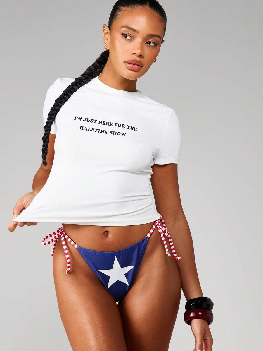 MISSGUIDED I'm Just Here For The Halftime Show Slogan Graphic Baby Tee Short Sleeve Crew Neck White T-Shirt - White - View 1