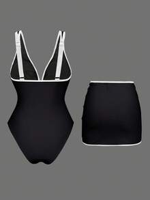 Swim Oasis 女士撞色宽肩带吊带背心式上衣和高开衩褶皱下摆泳裙两件式泳衣 - 黑與白 - 查看 5