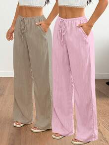 FavEase Women's Casual Textured Tie-Up Straight Leg Pants - Multicolor - View 6