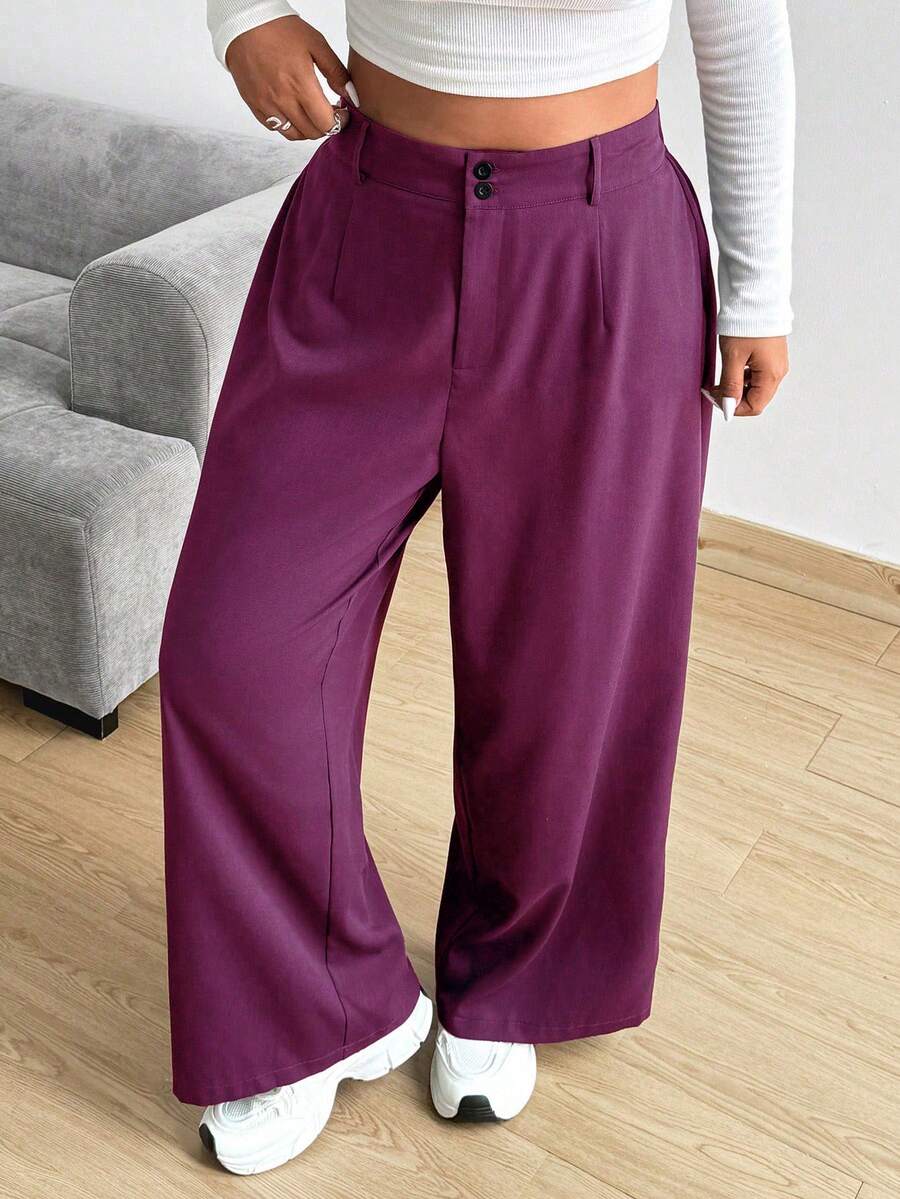 Vionelle 大码宽松直筒裤，带口袋，纯色 - 玫紅色 - 查看 1