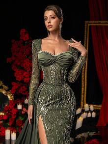 Glamrae 优雅橄榄绿奢华珠饰亮片拼接缎面薄纱长袖扭结胸腰透视美人鱼高开衩侧褶正式礼服，适合各种正式场合，如约会、婚礼、度假、单身派对、盛大活动等。 - 橄欖綠 - 查看 2