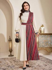 Al Najma Plus Size Women Geometric Print Patchwork Arabic Style Dress - Multicolor - View 9