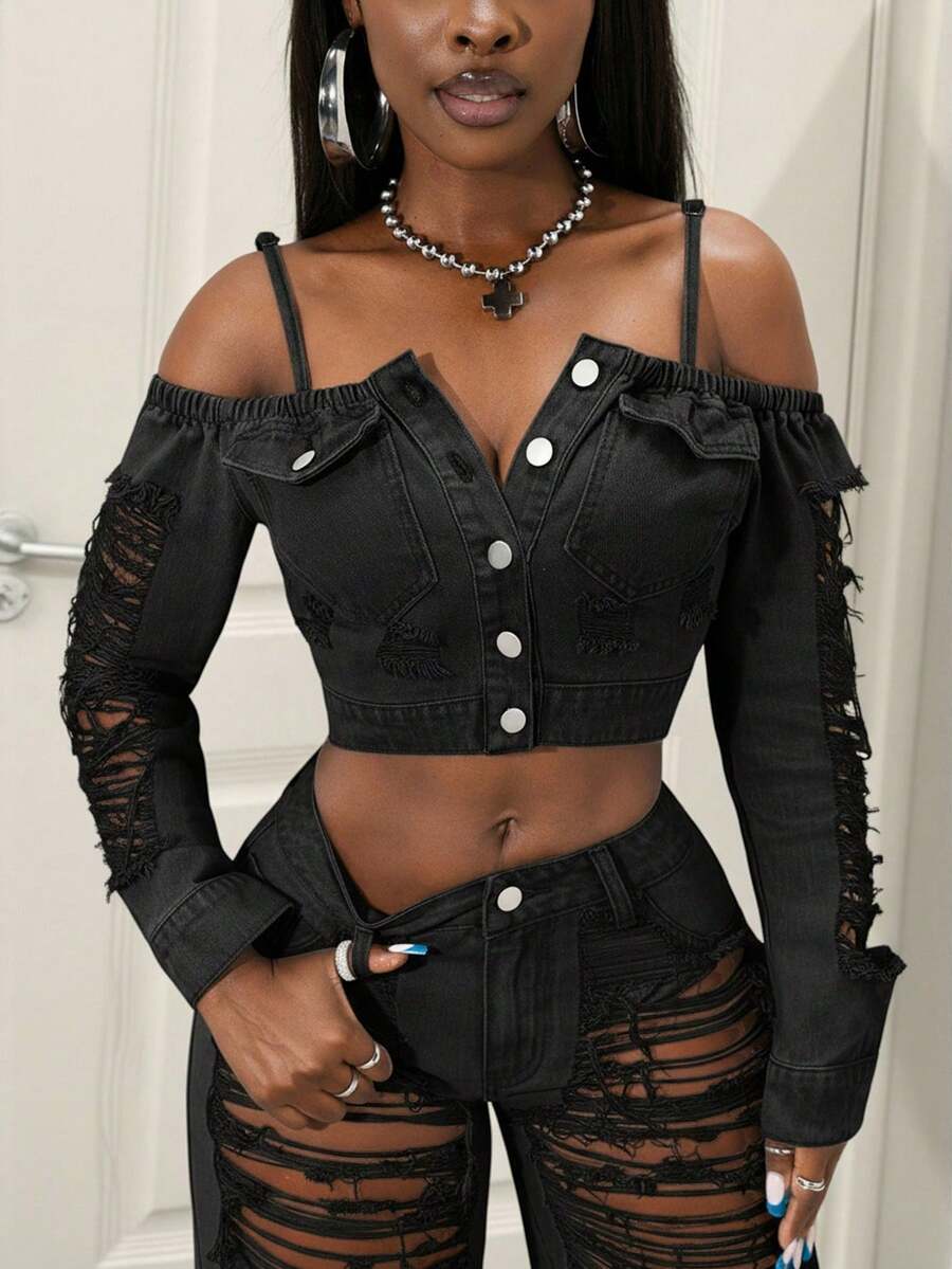 Slaydiva Women's Single-Breasted Distressed Long Sleeve Cropped Denim Jacket, Fashionable Versatile Vacation Party Off-Shoulder