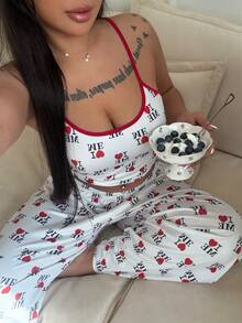 ZzzCrew 2pcs/Set Summer Sexy Graphic Print Camisole & Shorts Pajama Set - Red - View 1