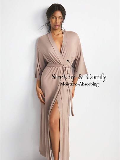 Ocili Soft, Smooth Cotton Bathrobe, Solid Color Crossover Wrap Long Robe