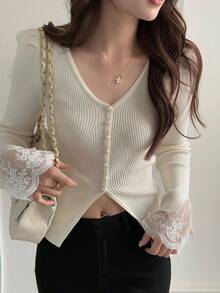 DAZY 女士蕾丝拼接袖口修身毛衣 - 黃色 - 查看 2