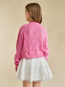 Soft Pink Cute Autumn Party School Girls' Knitted Sweater, Crew Neck Short Style 3D Bow Decor, Versatile For Casual Fairy Outings, Photography - Hot Pink - View 2