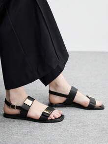 CUCCOO BIZCHIC Women's Fashionable Minimalist Gold Decor Backstrap Flat Sandals, Versatile For Summer - Black - View 3