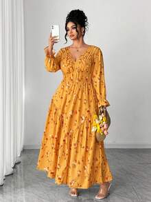 Elenzga 大码女士复古优雅印花V领腰部褶皱下摆长袖连衣裙，适合春夏、返校、度假、毕业典礼、节日、情人节、圣诞节、音乐节、母亲节、万圣节、感恩节、复活节、国庆节、舞会、约会、婚礼、户外活动等场合。 - 彩色 - 查看 5