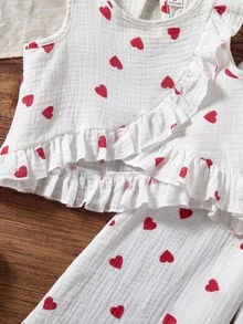 Conjunto de top con cuello de volantes con estampado de corazón y rayas en el bajo, y pantalones anchos de pierna ancha para niñas, adecuado para fiestas de San Valentín, primavera/otoño - Multicolor - Ver 4