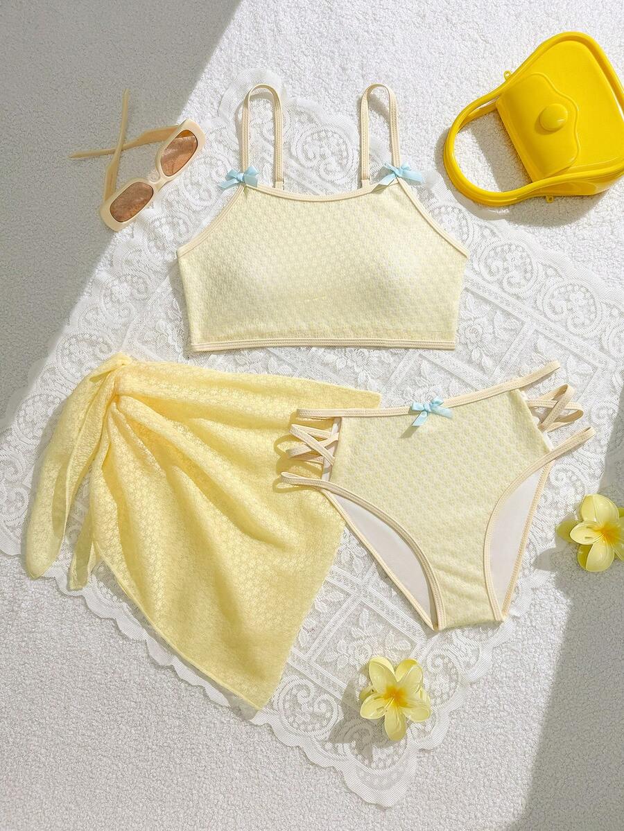 SHEIN 3pcs/Set New Stylish Tankini Swimsuit For Women, Flattering & Suitable For Spa Resort Yellow Two Piece Summer Two Piece Beach Tops Yellow Skirt Skirt Bathing Suit Swimsuits For Teen Girls Yellow Lemon Bathing Suit Yellow Girl Bathing Suits For Girls Bikini Set Teen Girl Yellow Girls Lemon Swimsuit