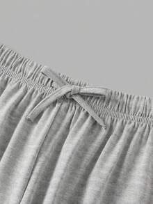 SHEIN Girlism Tween Girl Casual Homewear Fitted Lace Trim Camisole And Wide Leg Striped Knit Pants Set, Heather Gray - Grey - View 4