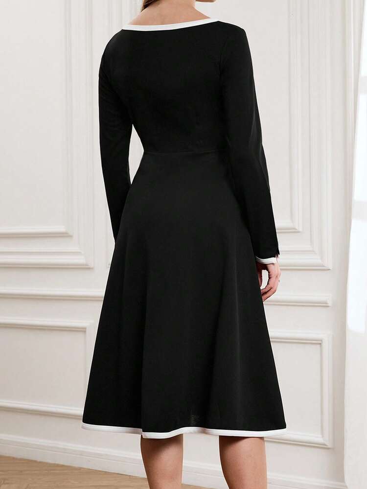 Women's Round Neck Black & White Sleeve Slit Dress