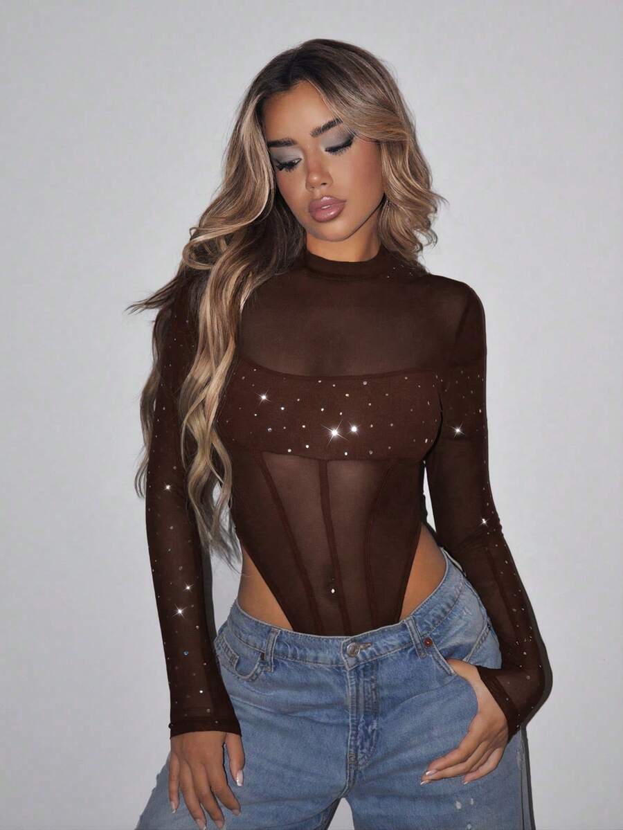 SHEIN ICON Mock Neck High Cut Mesh Black Bodysuit - Brown - View 1