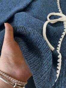 SHEIN Frenchy Áo khoác cardigan dài tay buộc dây màu tương phản dành cho nữ - Màu xanh hải quân - Xem 5