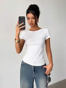 Siren Gaze 女款白色半透視 T-Shirt，船領短版落肩袖對比蕾絲露背網紗上衣，夏季性感時尚派對夜透視上衣 - 白色 - 查看 6