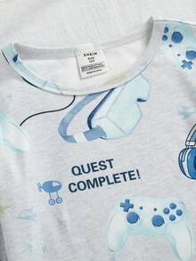 2pcs/Set Tween Boys' Video Game Print Casual Comfortable Ribbed Snug Fit Long Loungewear Set - Grey - View 5