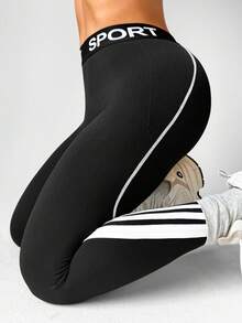 SHEIN Sports 1件装 女士加大码无缝撞色弹力腰带条纹跑步、健身、瑜伽七分紧身裤 - 黑與白 - 查看 5