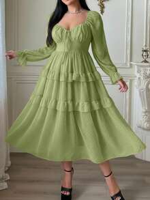 Lyrianda 新款优雅雪纺纹理波点蝴蝶结装饰胸罩杯长袖A字连衣裙，收腰显瘦荷叶边连衣裙 - 橄欖綠 - 查看 9