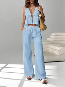 SHEIN EZwear 两件套女士度假纯色露背吊带上衣和裤子休闲套装 - 藍色 - 查看 7