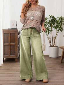 EMERY ROSE 大码女式宽松休闲牛仔阔腿裤，带纽扣腰带 - 綠色 - 查看 10