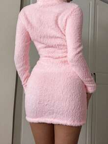 SHEIN EZwear Women's Casual Pink Fuzzy Turtleneck Bodycon Mini Dress, Autumn/Winter Pink Bodycon Dress Pink Sweater Dress Pink Fluffy Dress Fluffy Dress Women Pink Long Sleeve Dress - Pink - View 2