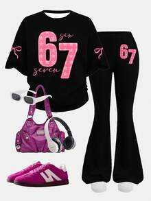 2 peças/Conjunto Camiseta de Manga Curta de Gola Redonda Ajuste Solto e Calça Flare para Adolescentes, com Estampa Engraçada de Número 67 Rosa e Laço, Estilo Streetwear, Adequado para Casual, Campus, Exterior, Casa