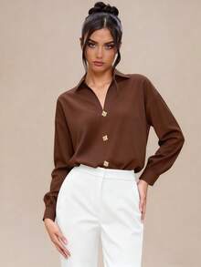 INAWLY Women's Solid Color Button Decor Fashionable Versatile Long Sleeve Bodysuit - Coffee Brown - View 4