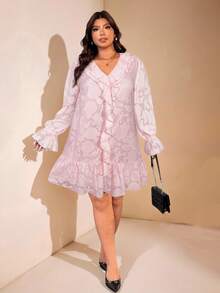 Enliva 大码女式长袖宽松连衣裙，激光切割面料细节，适合苹果型圆臀身材 - 粉色 - 查看 4