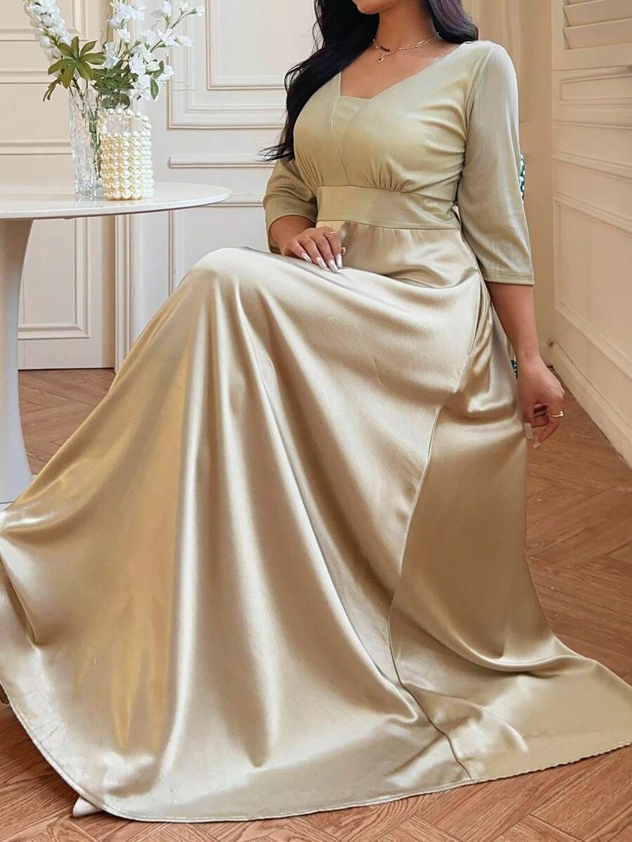 Dazy Plus Váy Maxi thanh lịch dành cho phụ nữ ngoại cỡ, phối màu, áo quấn chun có đính sequin, chân váy xòe chữ A, mùa xuân/thu - Màu Khaki - Xem 1