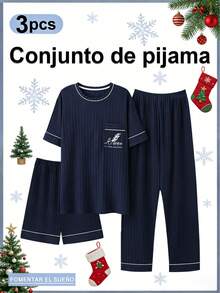 Pijamas Navideñas de Hombre: Conjunto de 3 Piezas en Algodón Suave, Estilo Casual con Rayas Azules, Pijama de Hombre Ideal para Navidad Familiar - Azul oscuro - Ver 1