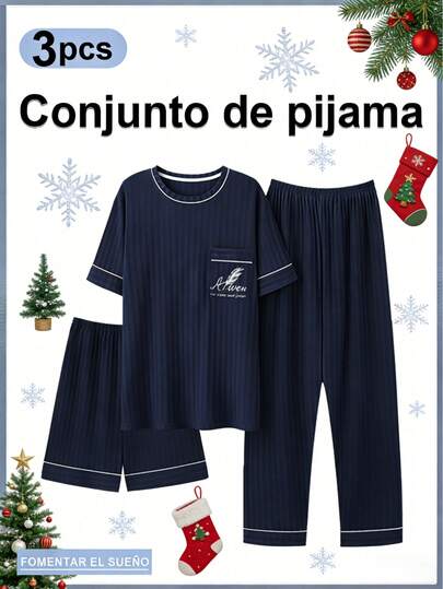 Pijamas Navideñas de Hombre: Conjunto de 3 Piezas en Algodón Suave, Estilo Casual con Rayas Azules, Pijama de Hombre Ideal para Navidad Familiar