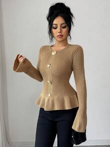SHEIN Elenzya 女士优雅金属扣袖口荷叶边下摆长袖毛衣，秋冬款 - 駝色 - 查看 6