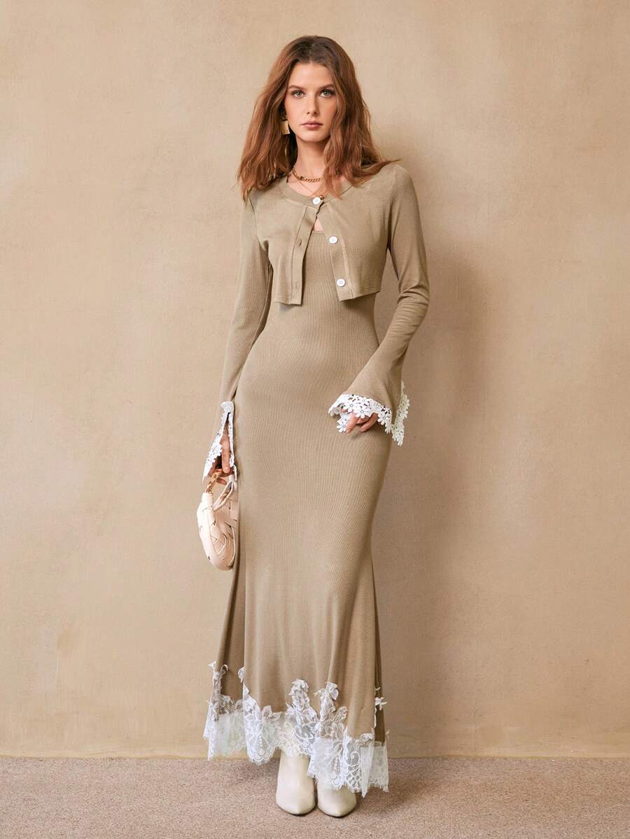Florisole Bộ trang phục áo khoác ngoài thời trang thanh lịch lãng mạn dành cho nữ, áo khoác len viền ren và váy dây mảnh 2 món, Xuân/Thu - Màu Khaki - Xem 1