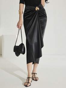 Heiryn Women's Fashionable Solid Color Decorative Ring Versatile Skirt - Black - View 5