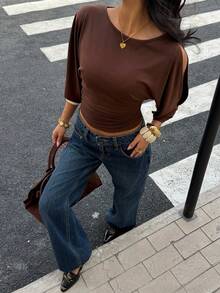 Siren Gaze 女士休闲纯色镂空棕色短袖T恤 - 棕色 - 查看 5