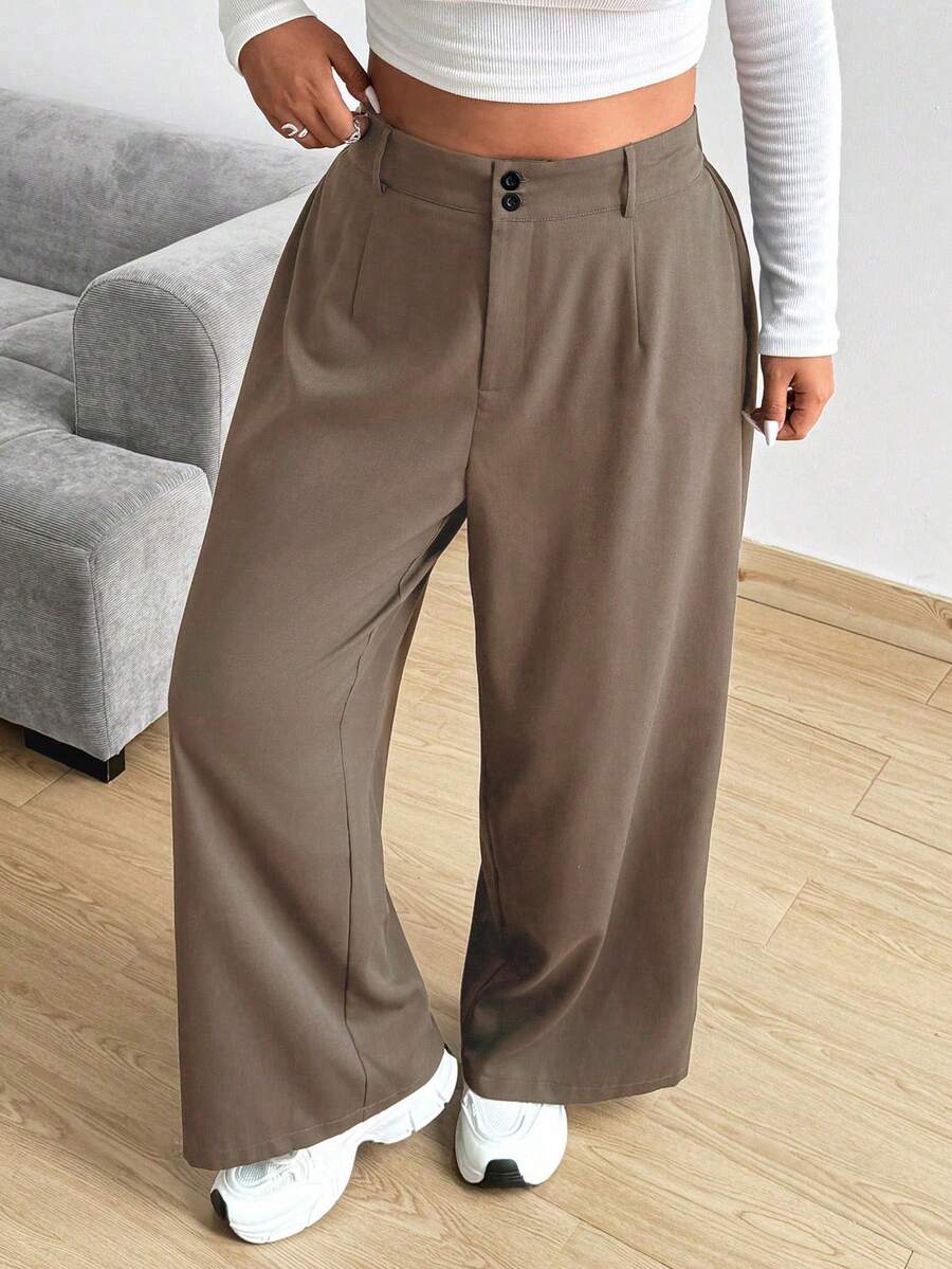 Vionelle Plus Size Loose Wide Leg Pants With Pockets, Solid Color - Khaki - View 1