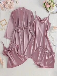 4件套少女仿丝莲根粉色吊带背心、短裤、睡袍和长袖睡袍睡衣套装 - 藕粉色 - 查看 1