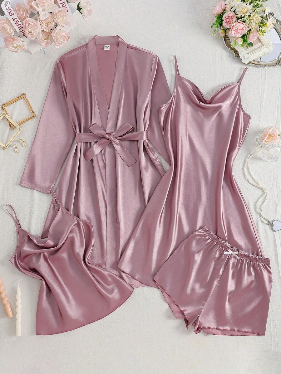 4件套少女仿丝莲根粉色吊带背心、短裤、睡袍和长袖睡袍睡衣套装 - 藕粉色 - 查看 1