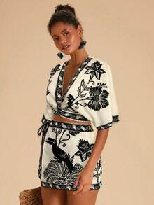 Travachic 两件套女士度假印花露脐上衣和高腰短裙，女士度假休闲套装，夏季假日服装，春假服装，派对服装，沙滩服装，春季服装，情人节，女士情人节服装，狂欢节服装，优雅，花卉，狂欢节，春夏，派对，狂欢节服装，墨西哥风情女士波西米亚风和服上衣两件套，波西米亚风两件套女士和服上衣和短裤套装，热带印花套装 - 黑色 - 查看 4