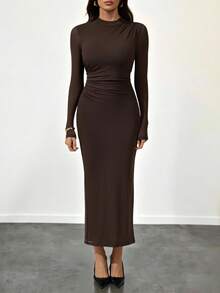 SHEIN Tall Damen Kaffeefarbe Langarm Lässig Kleid, geeignet für urbane Pendler, Geschäft, elegante Party, Halloween, Weihnachten - Braun - Übersicht 4