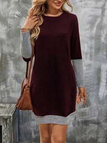 SHEIN Women's Round Neck Color Block Casual Vacation Party Long Sleeve Dress - Multicolor - View 3