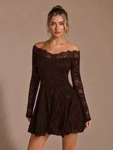 SHEIN BAE 黑色蕾丝露肩修身迷你连衣裙，优雅性感女士长袖蕾丝连衣裙，黑色蕾丝连衣裙，优雅小黑裙 - 咖啡棕 - 查看 5