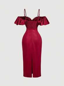 SHEIN MOD Váy cocktail bodycon lệch vai màu đỏ thanh lịch dành cho nữ - Đỏ - Xem 3