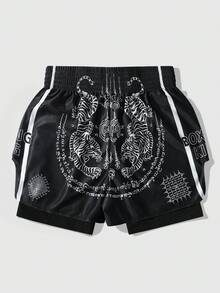 ROMWE MEN Anime 男士字母龙纹印花宽松双层拳击短裤 - 彩色 - 查看 2